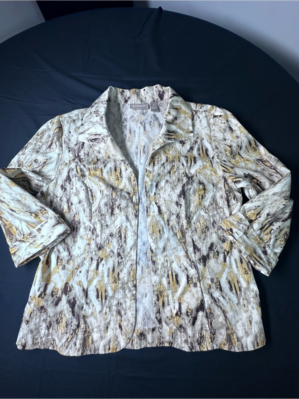 Chico's Abstract Print Jacket in Ivory, Gold, Brown
